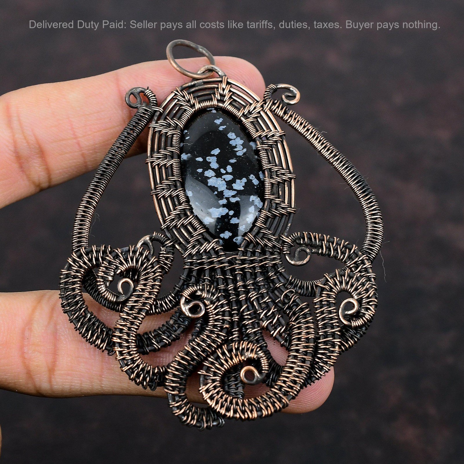 Natural Snowflake Obsidian Wife Wire Wrapped Octopus Engagement Pendant Copper