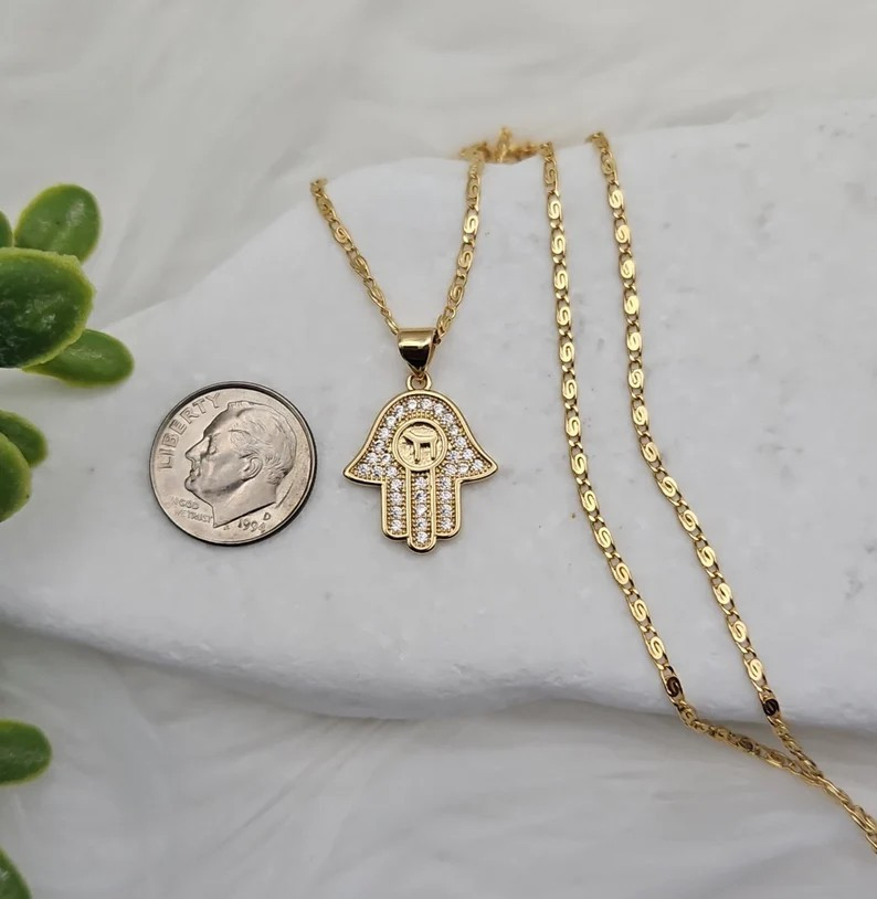 Gold Hamsa Necklace, 14k Heavy Plated Gold, Small Dainty CZ Hamsa Necklace,