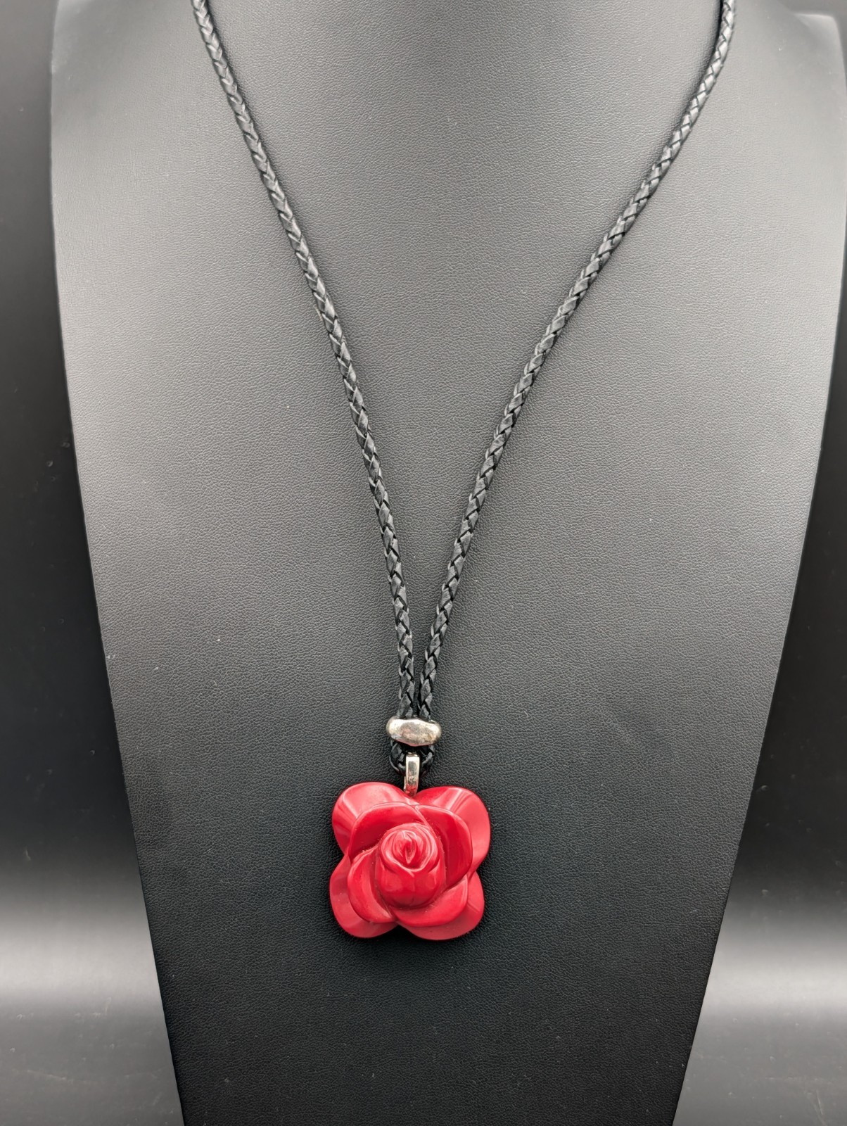Large Genuine Carved Red Coral Rose Pendant Necklace Braided Cord Statement 30g