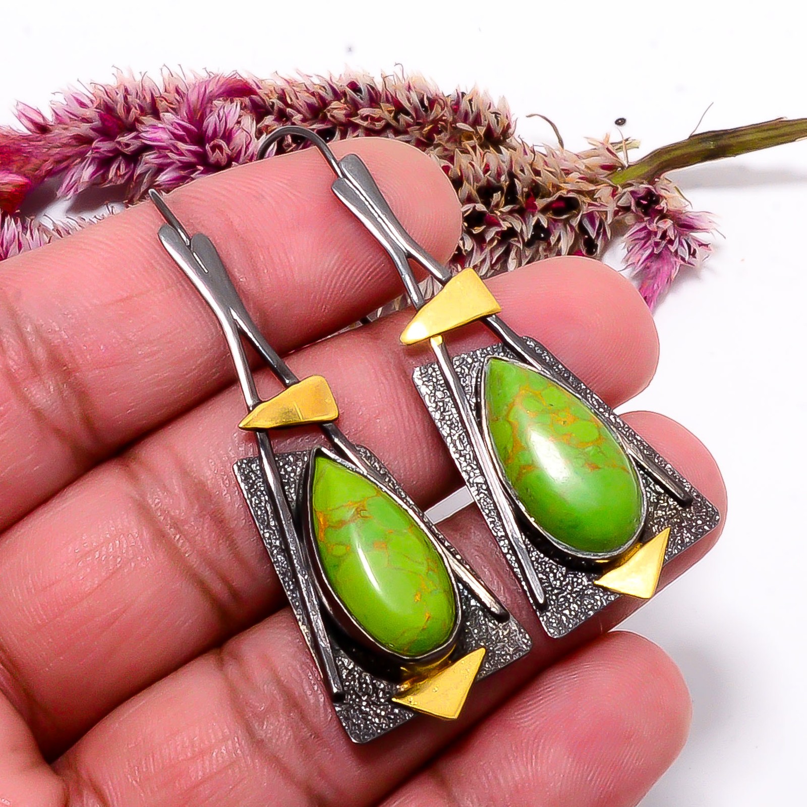Copper Green Turquoise 925 Silver Black And Gold Rhodium Earring 2.15″ E10376