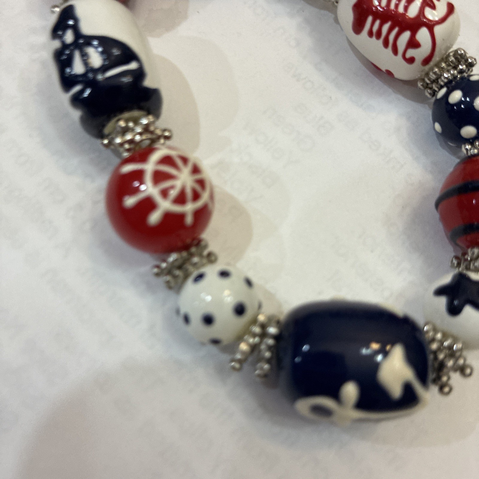 Handmade Nautical Stretch Bracelet Red White Blue Anchor Ocean Beach Theme