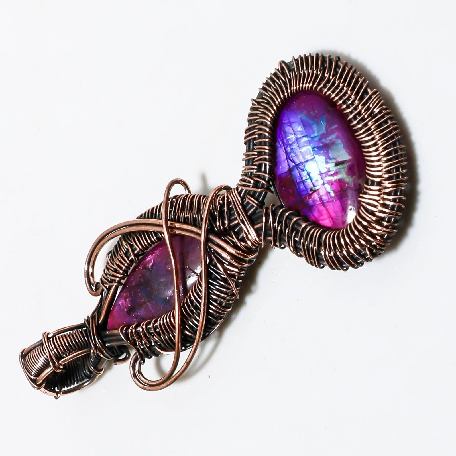 Wire Warp Copper Pink Fire Labradorite Gemstone Pendant Jewelry Size 3 Inches