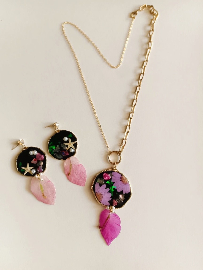 Real Starfish Bougainvillea Leaf Necklace Earrings Set Resin Pearl Flower Gift
