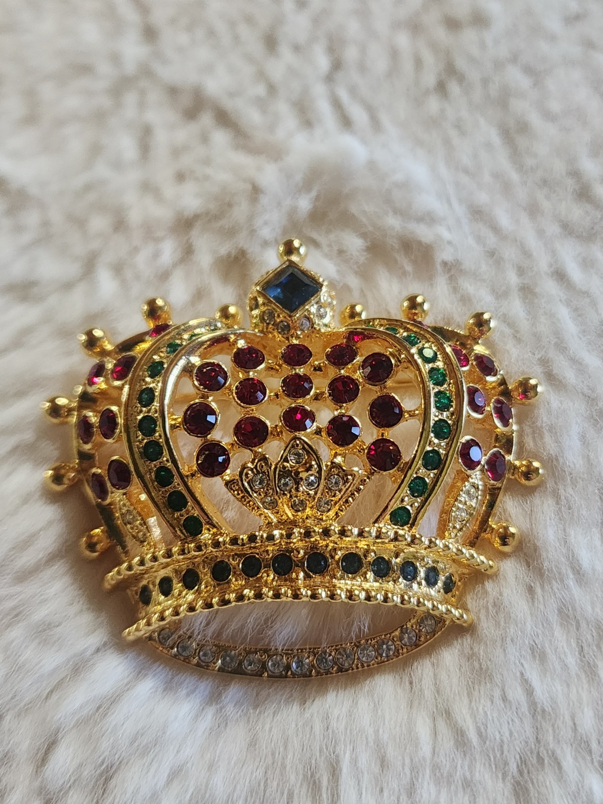 KJL Crown Brooch Gold Tone Multicolor Rhinestone Red Green Blue Thailand