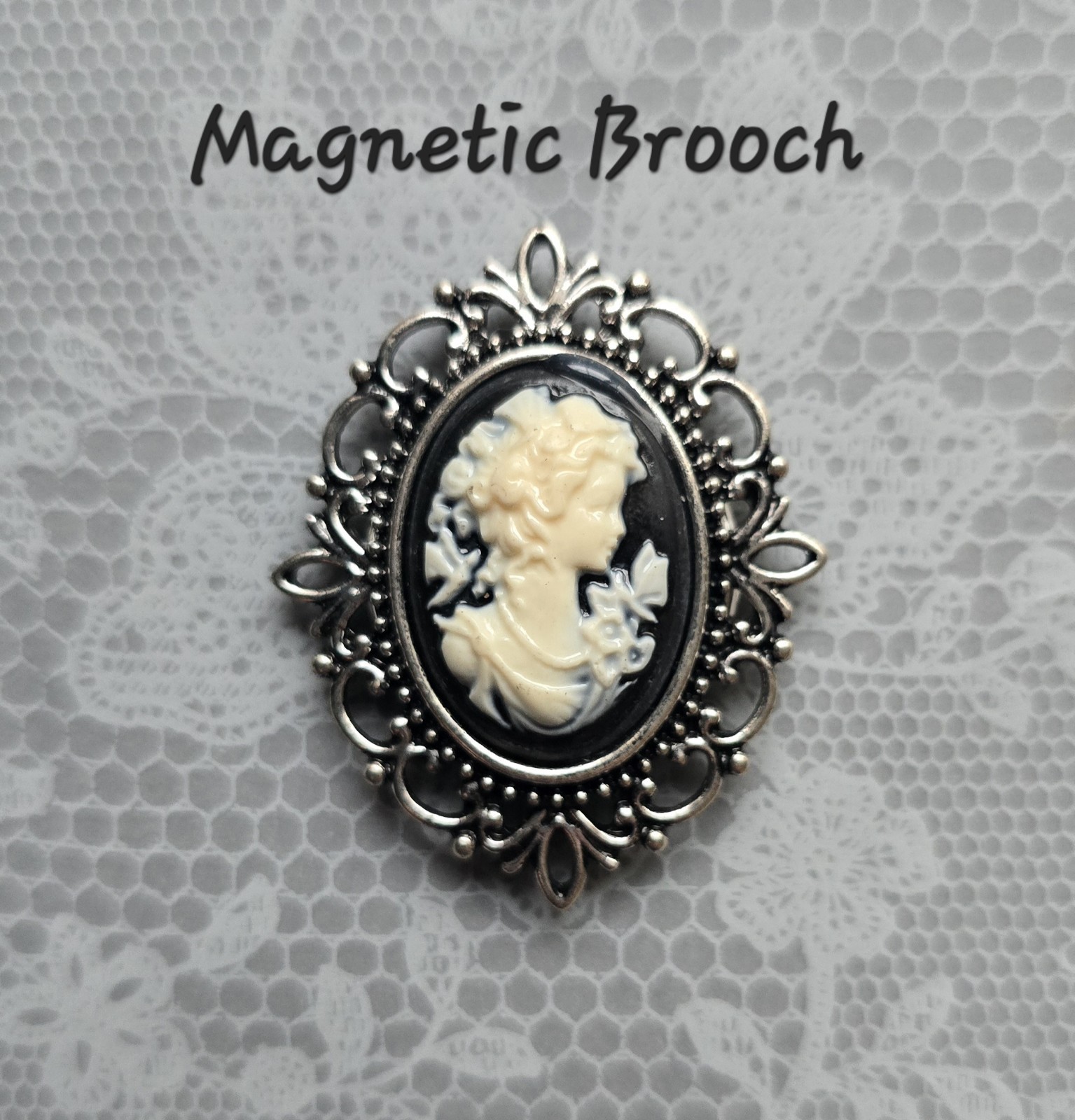MAGNETIC Cameo Brooch, Black, Cream silver rhinestone framing. Victorian jewelry