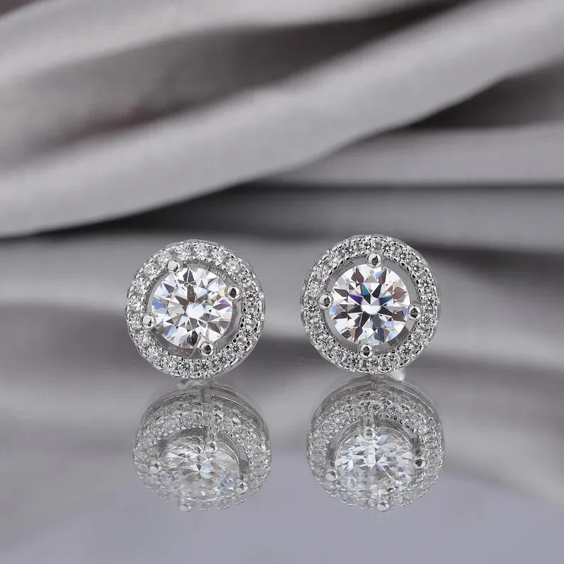 2Ct Round Cut Simulated Diamond Solitary Halo Stud Earring 14k White Gold Plated
