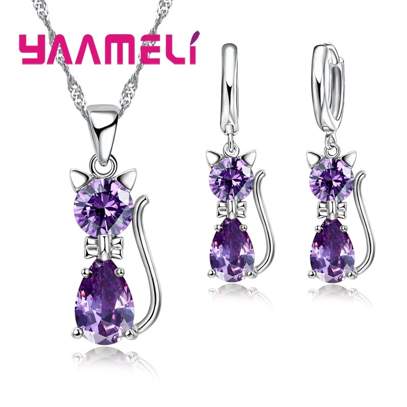 Silver Color Cat Pendant Necklace and Huggie Earrings Jewelry Set for Women Girl
