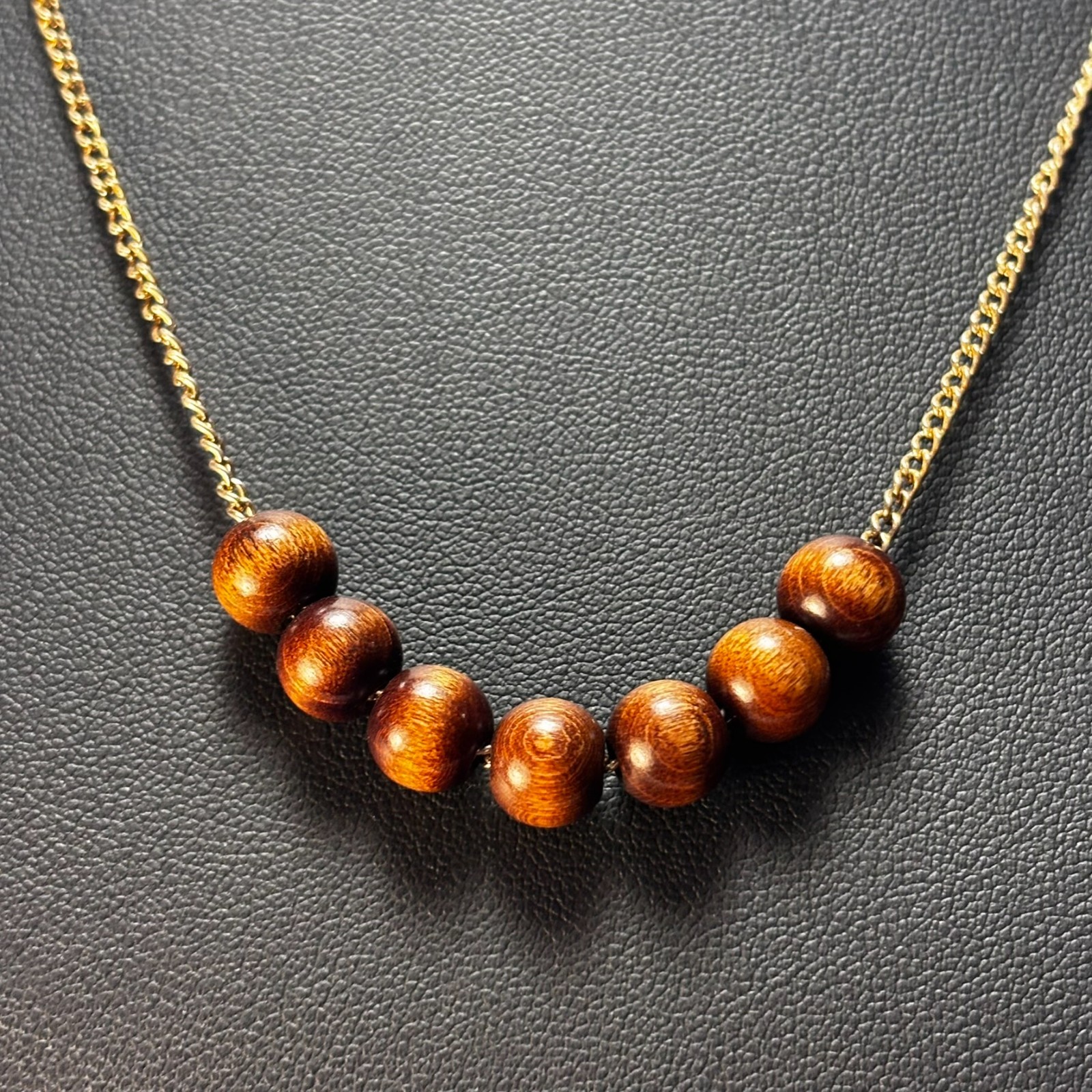Emmons Necklace Brown Wood Bead Gold Tone Curb Chain Vintage Boho