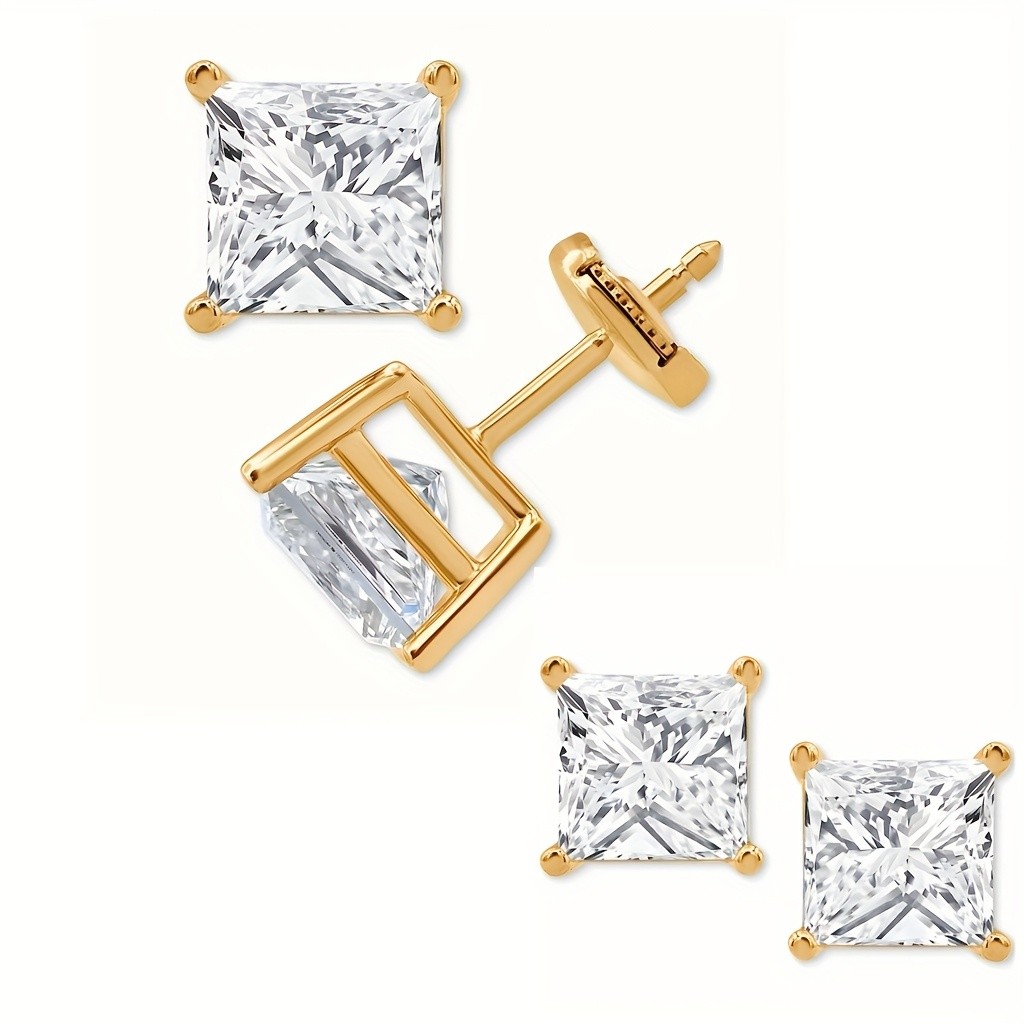 Golden Silvery Moissanite Stud Earrings 0.5CT 1CT 1.5CT 2CT Pair