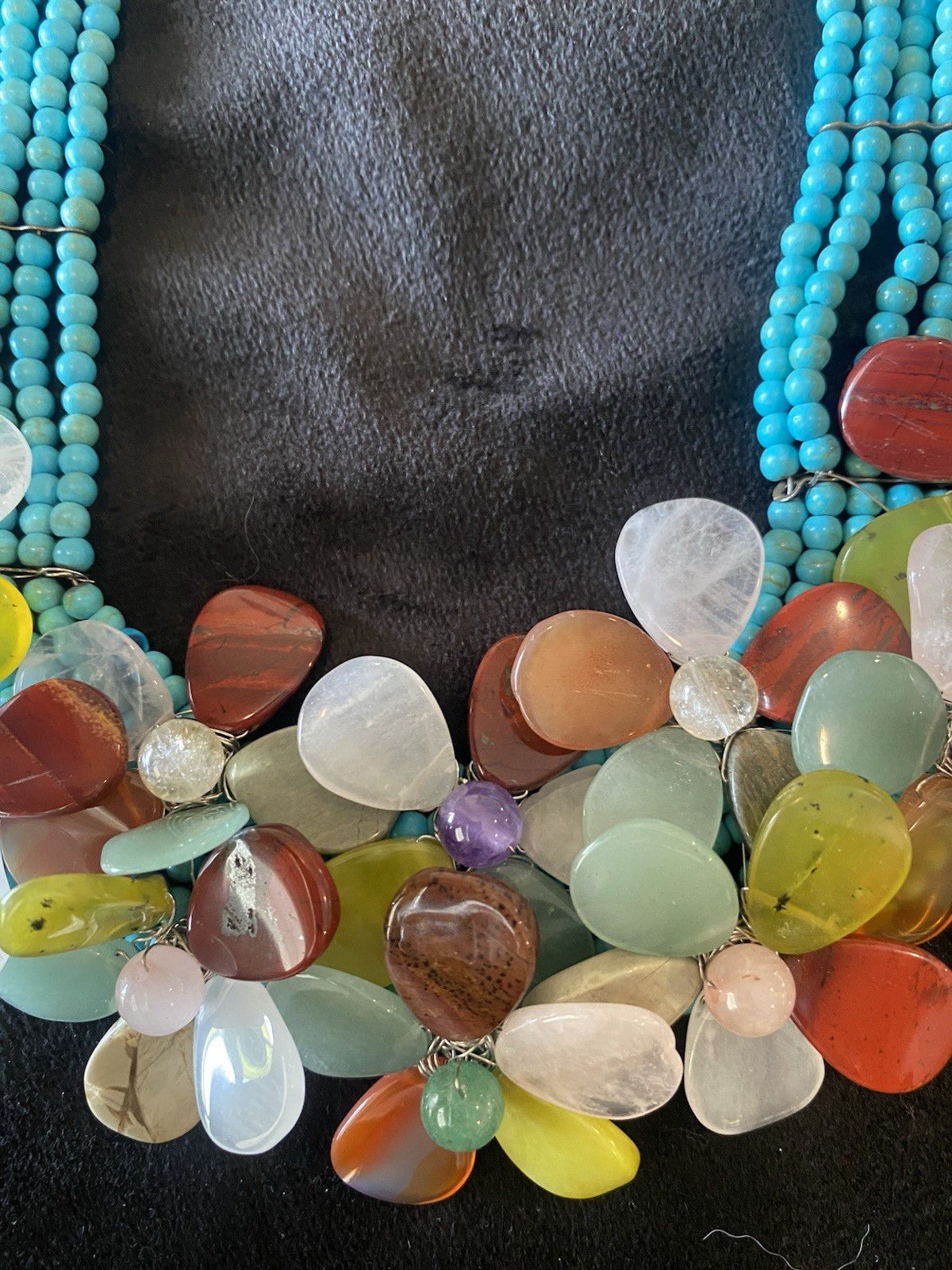 Boho Multi-Gemstone Flower Cluster Necklace Turquoise Beads – Statement Piece