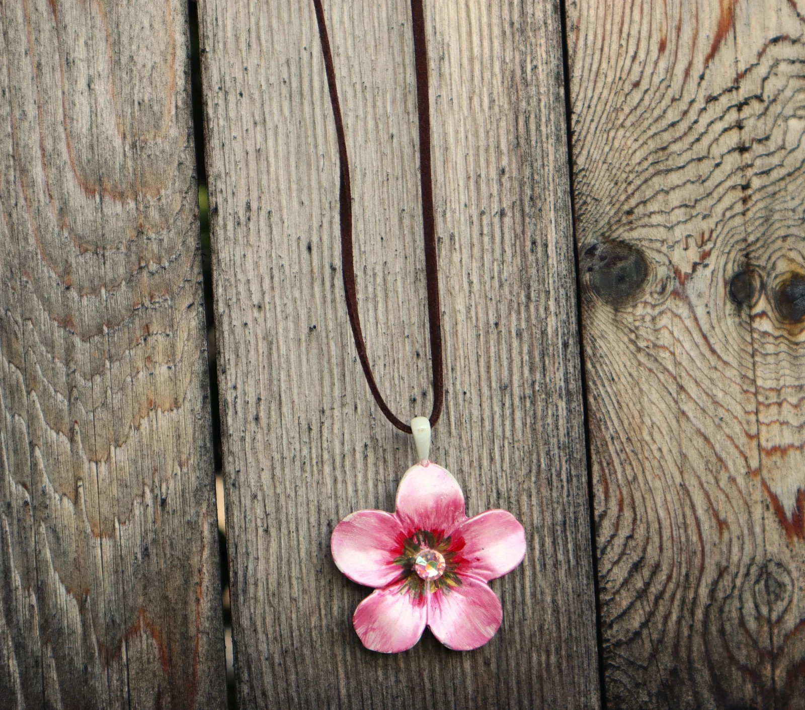 Handmade Large Flower Pendant Leather Necklace Painted Floral Bohemian Jewelry