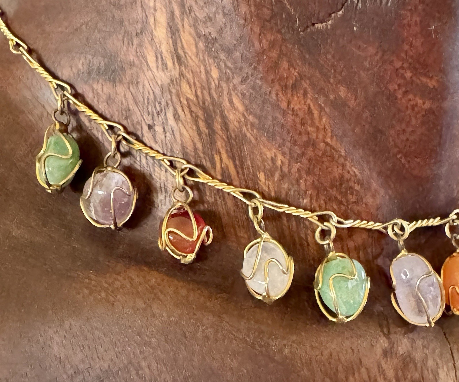 Gold Tone Cable Chain Necklace Multicolor Irregular Glass Charm Dangles