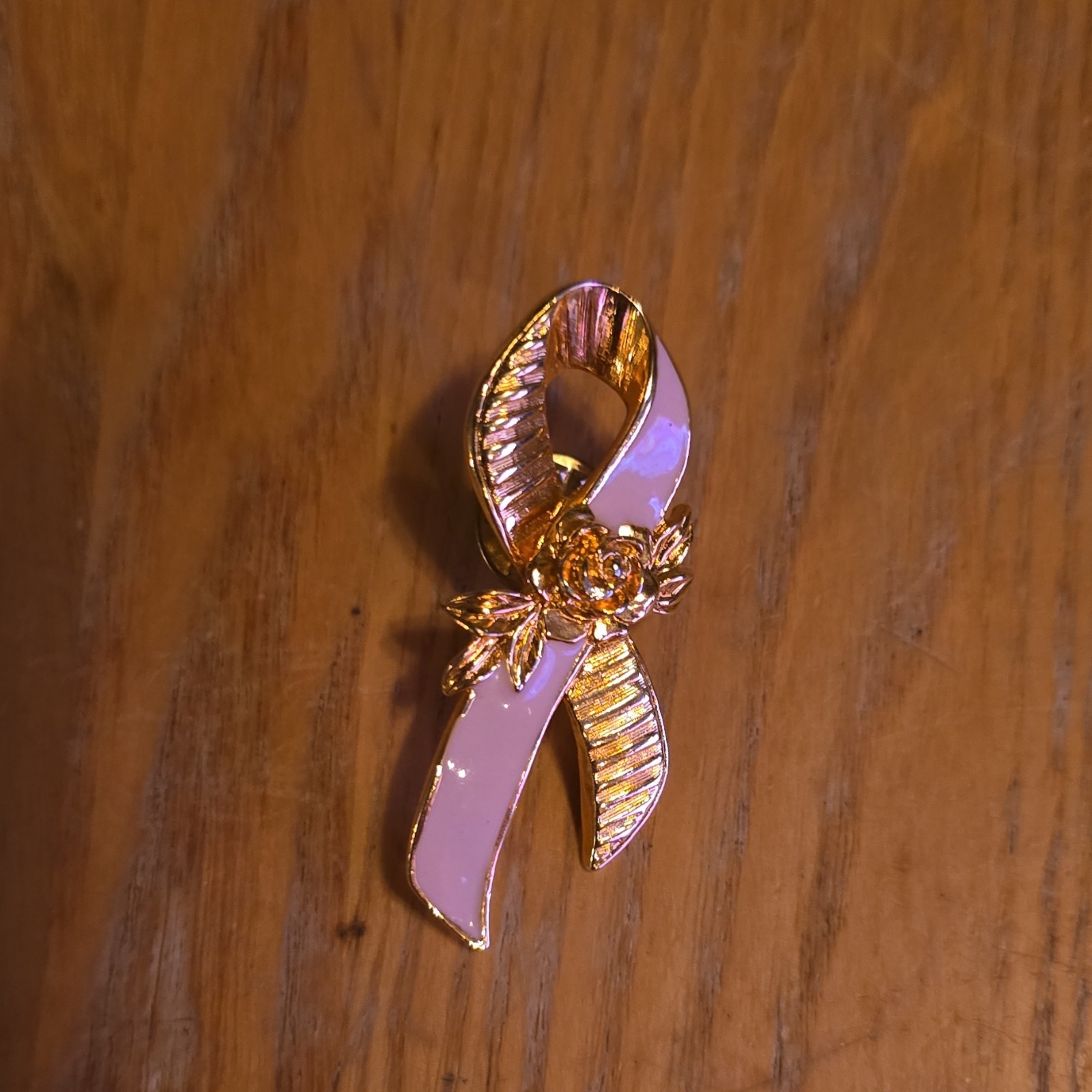 Avon Signed Pink & Gold Tone Enamel Awareness Ribbon Brooch Pin
