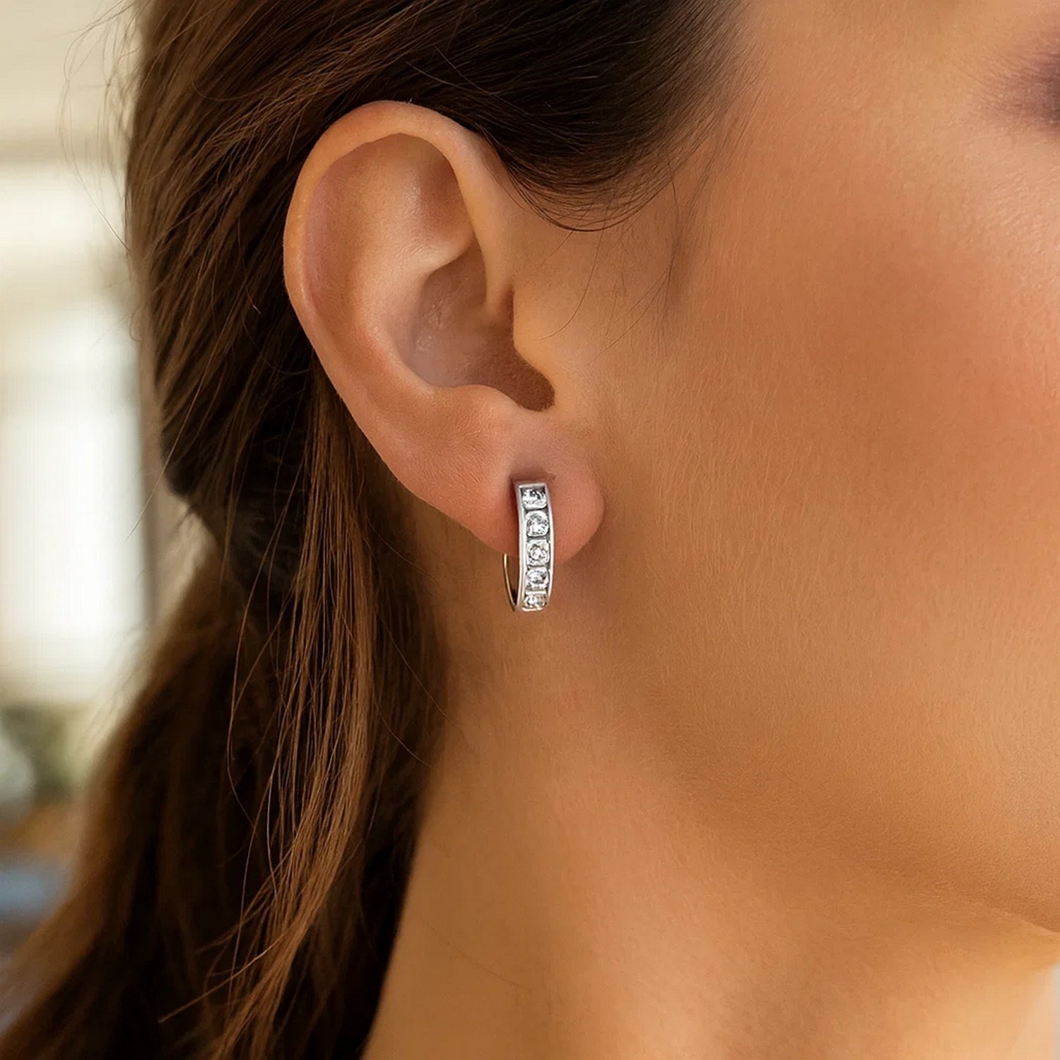 Sterling Silver Channel Set CZ Hoop Earrings (3×15 mm)