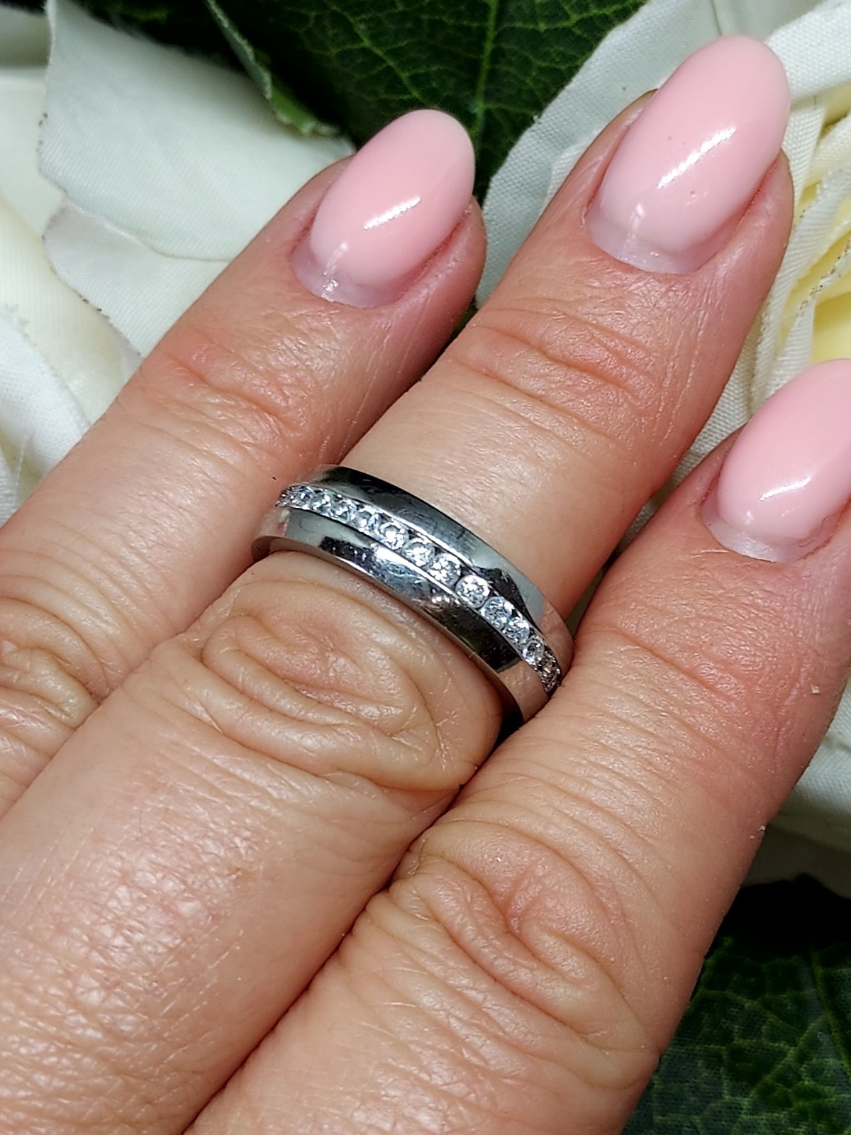 A Stunning S.Steel 5.5mm Wide Band With Channel Set Cubic Zirconia Uk Size L