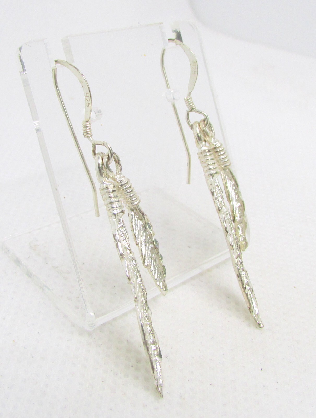 925 STERLING SILVER DOUBLE FEATHER EARRINGS 7x47MM ~ 4.1G