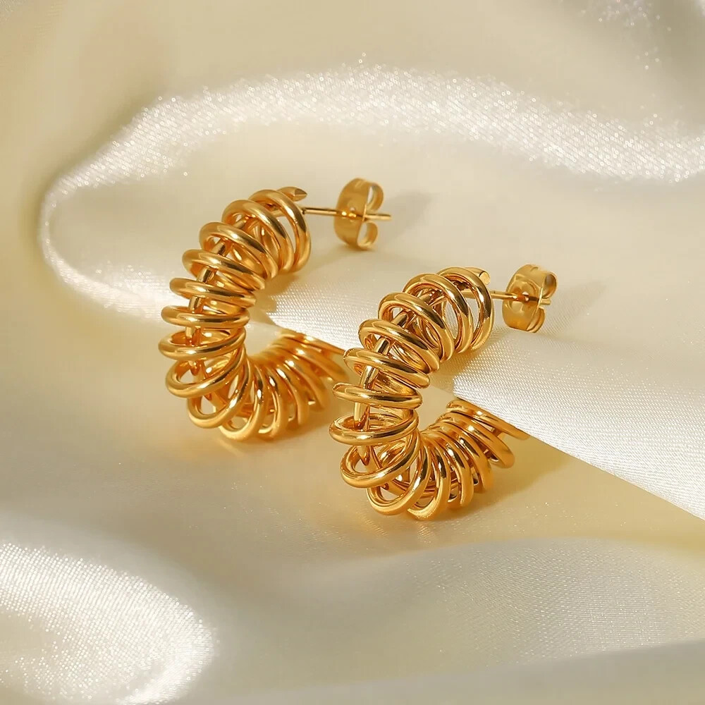 18K Gold Plated Spiral Wire C-Shaped Hoop Earring, Stainless Steel Jewelry