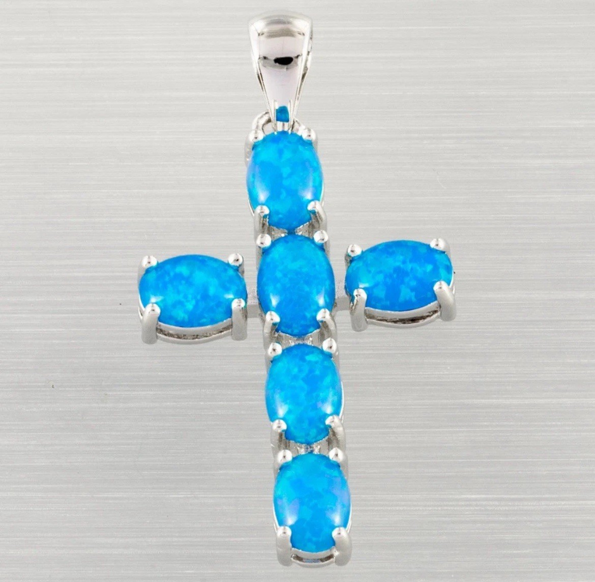 Gorgeous Ocean Blue Fire Opal Cross Necklace, Earrings, Five-Stone Ring 10 Set