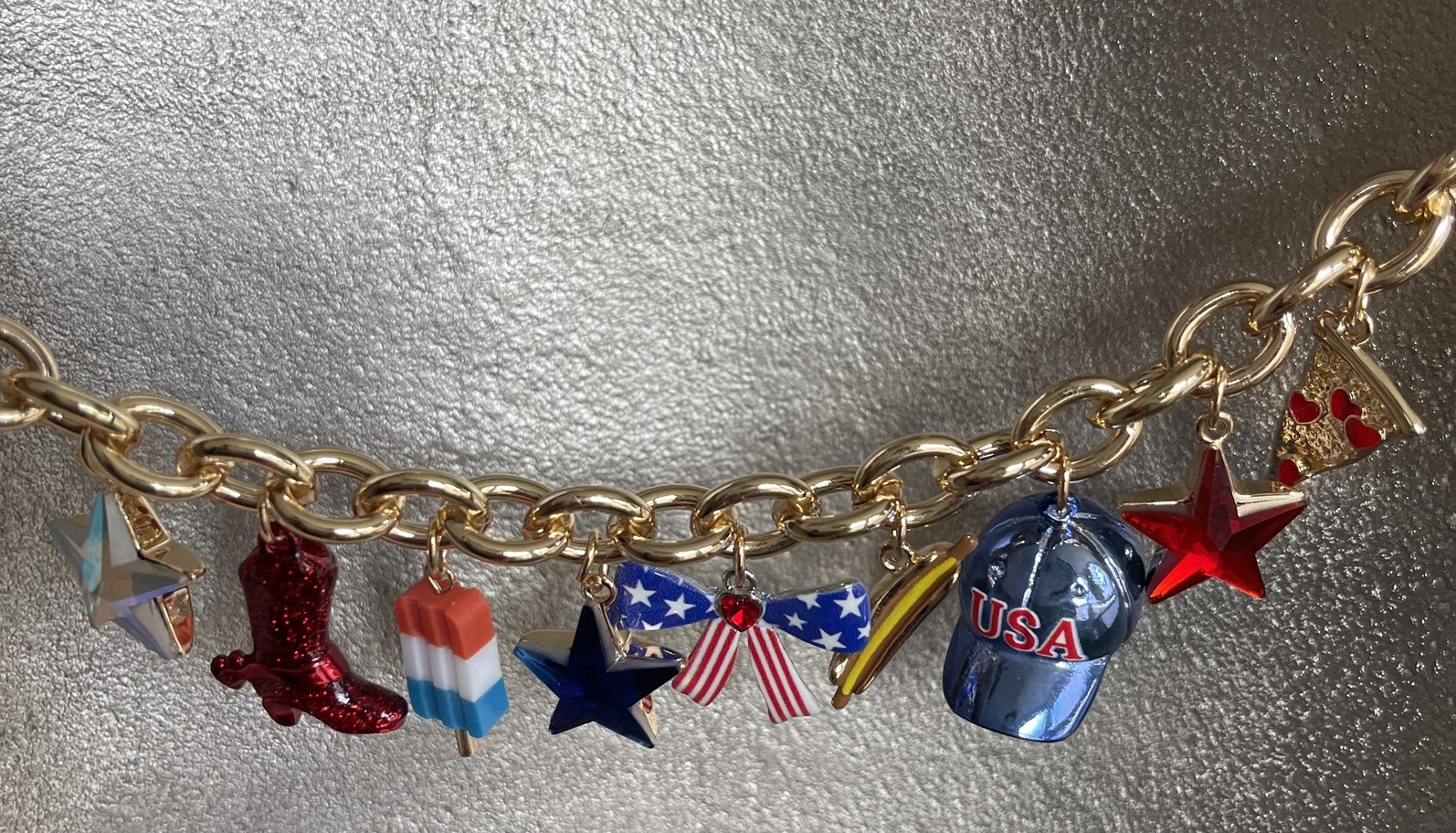 Betsey Johnson Americana USA Red White Blue Charm Shiny Gold Tone Necklace NWT