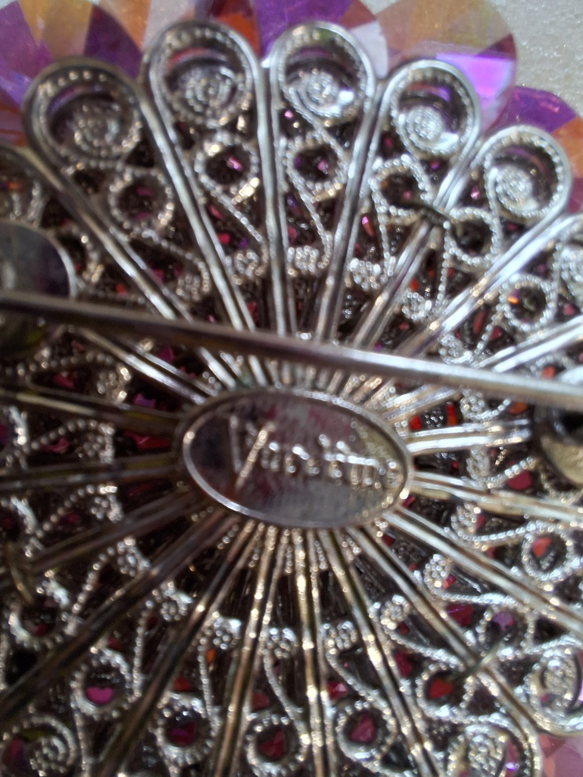 Pink Aurora Borealis Crystal Rhinestone Flower Cluster Brooch Pin, Metal Signed
