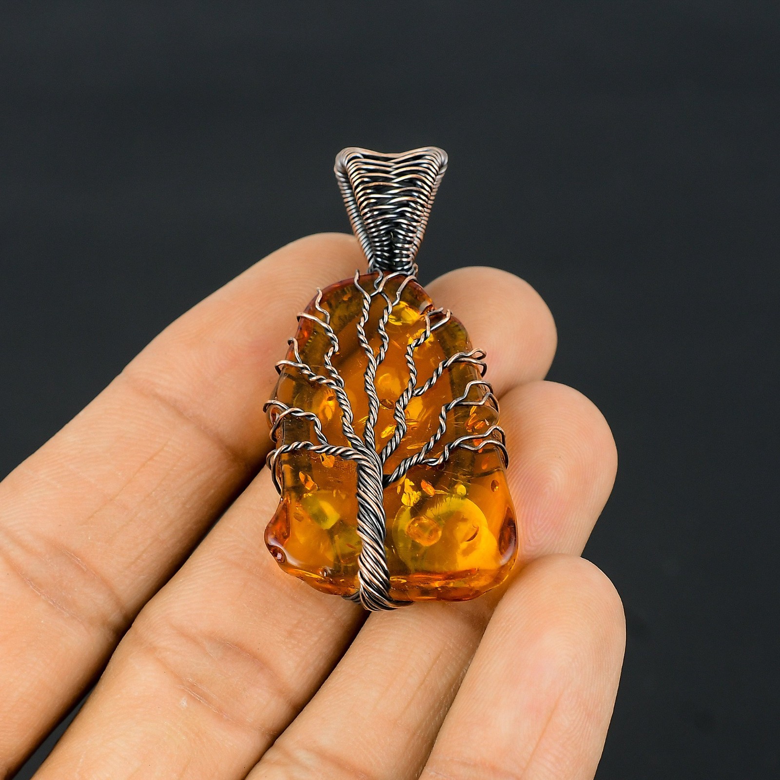 Baltic Amber Handmade Gemstones Copper Wire Wrap Tree of Life Jewelry Pendant
