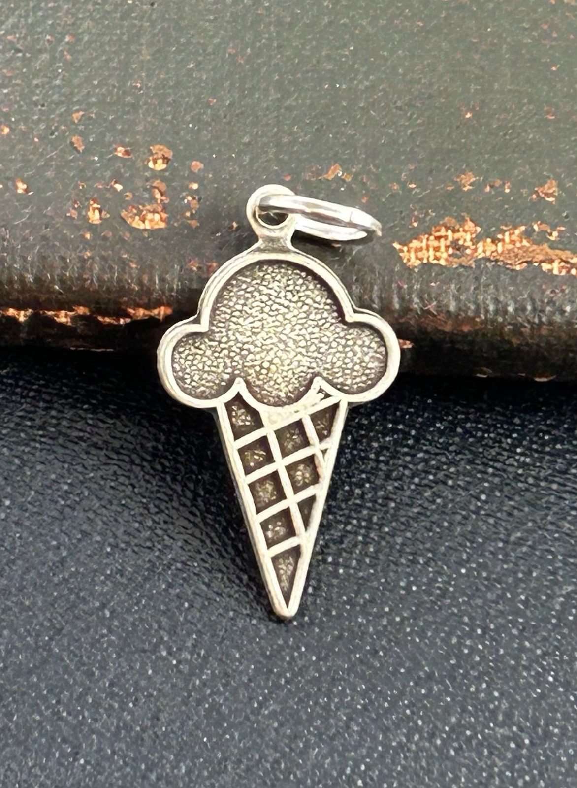 Ice Cream Cone Charm Dessert Pendant Novelty Antiqued Silver Plated Brass