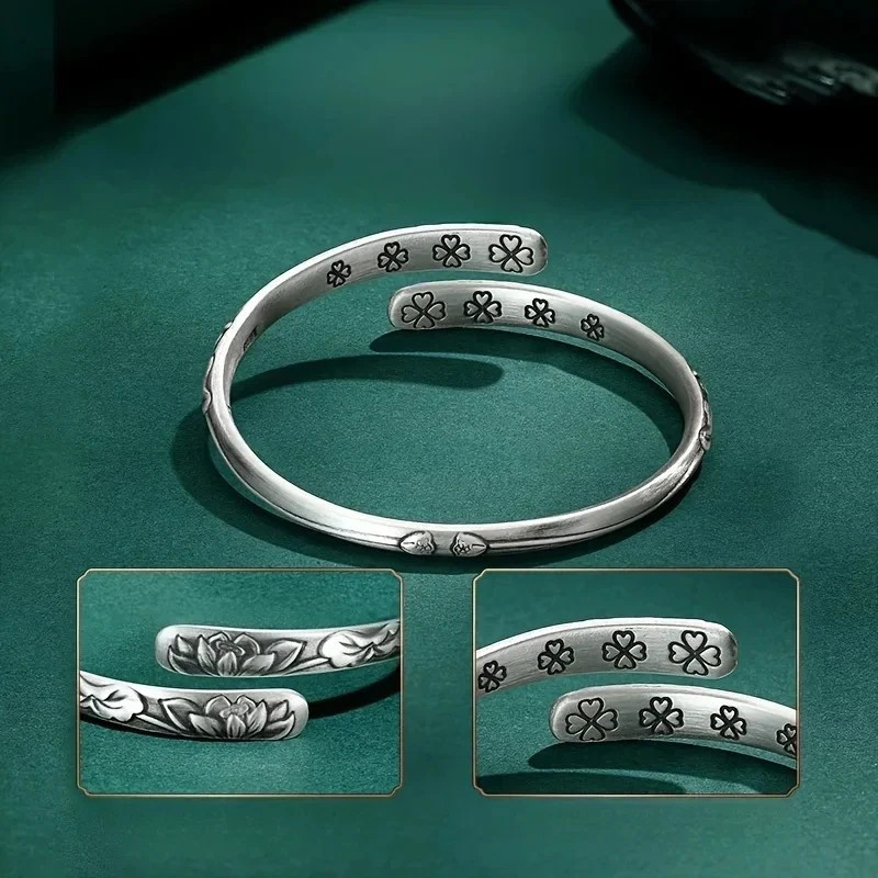Vintage 925 Thai Silver Lotus Flower Cuff Bracelet for Women Buddhism Bangle