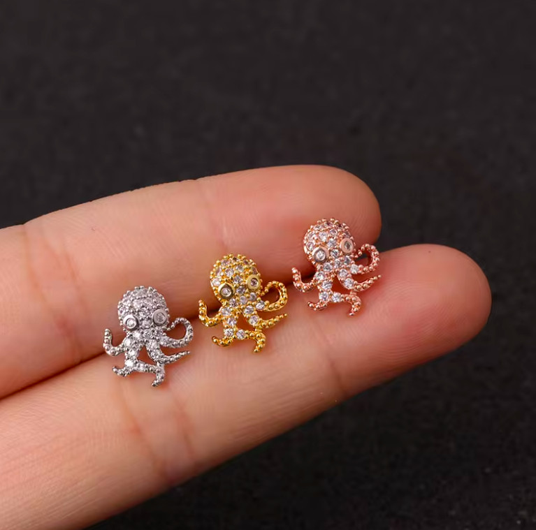 Octopus Zirconia 18K Gold Silver Cartilage Helix Lobe Tragus Conch 20G Earrings