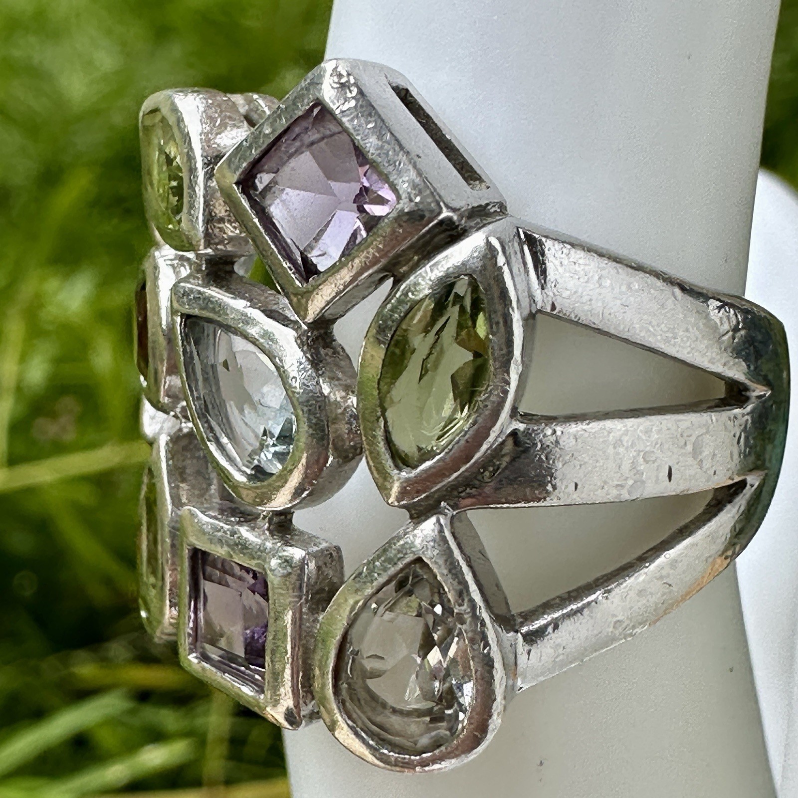 VTG ADI Statement Ring Size 6 Peridot Amethyst Garnet Gems 925 Sterling 9.1g