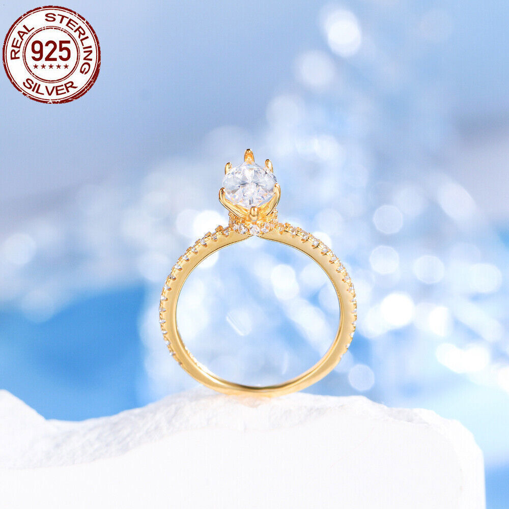 925 Sterling Silver Ring Gold Plated CZ White Marquise Cut Wedding Engagement