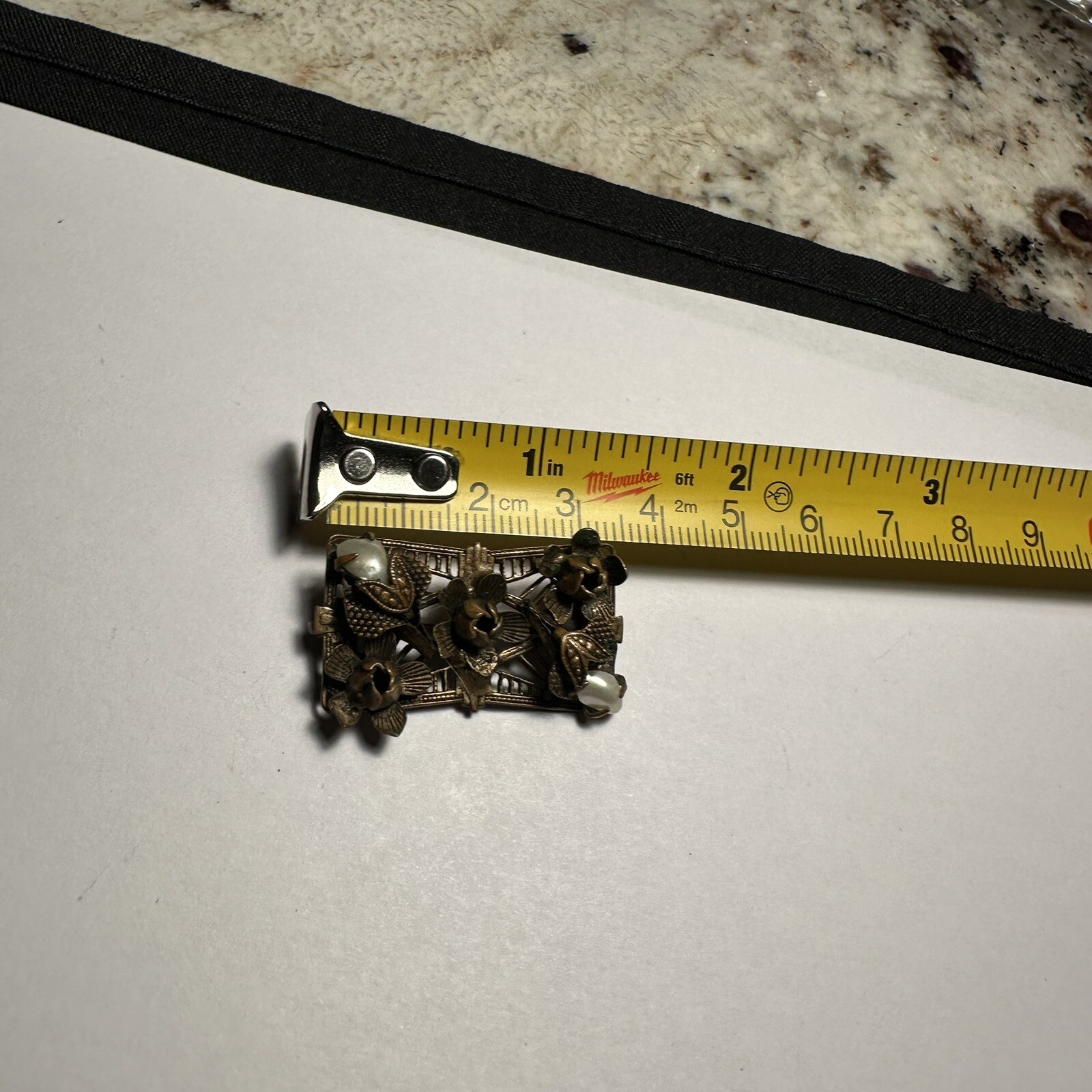 Vintage Bronze Faux Pearl Flower Floral Filigree Brooch Pin Signs Of Wear