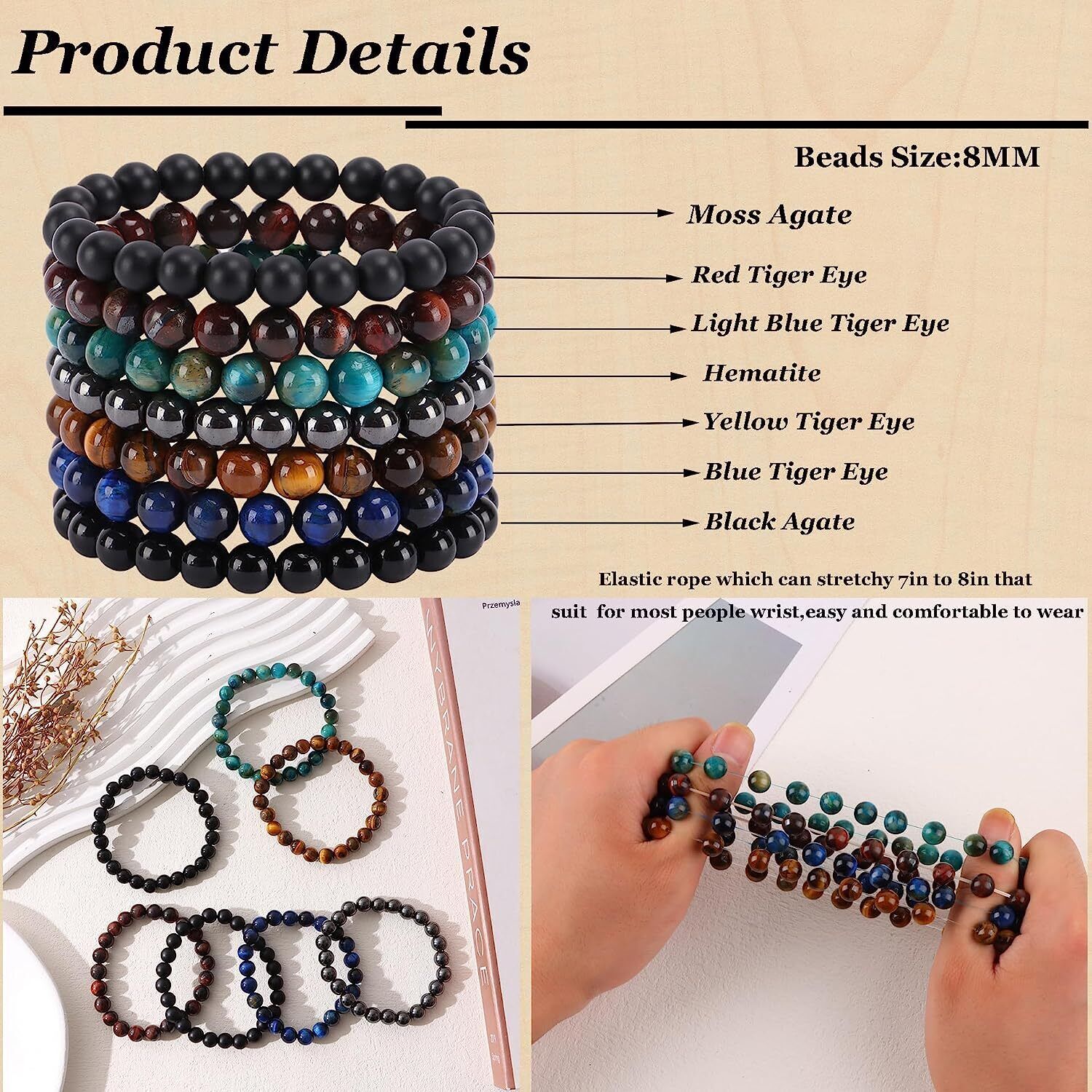 5-7 PCS 8mm Gemstone Bracelet for Women Healing Crystal Stone Beaded Bracelets