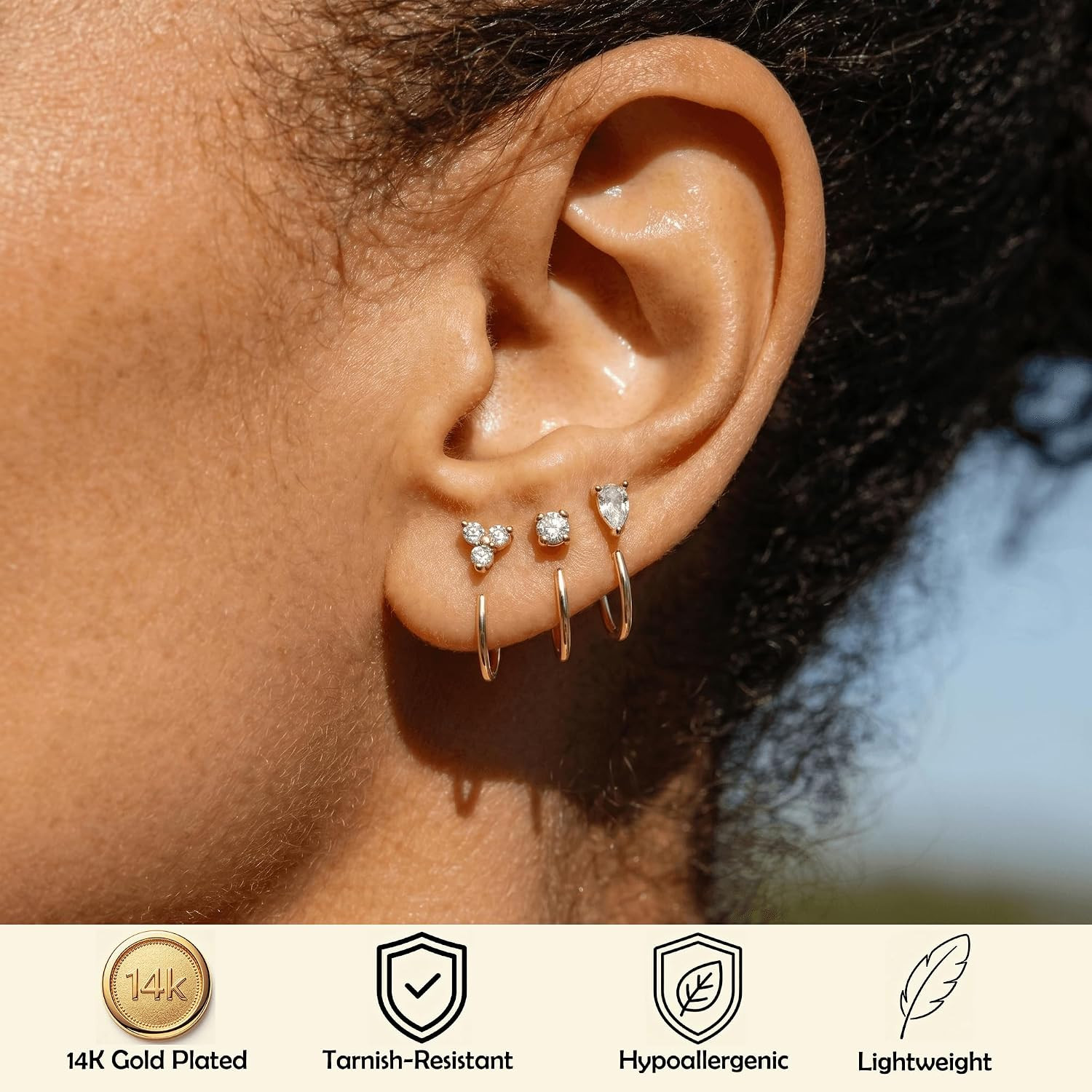 Backless Half Hoop Earrings for Women，3 Pairs 14K Gold Plated Stay Close No Back