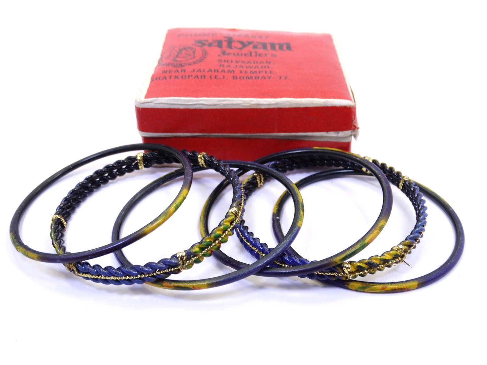 Vintage Old Indian Ceramic/Blue Enamel SATYAM Jewellers India 6pc Bangle Set