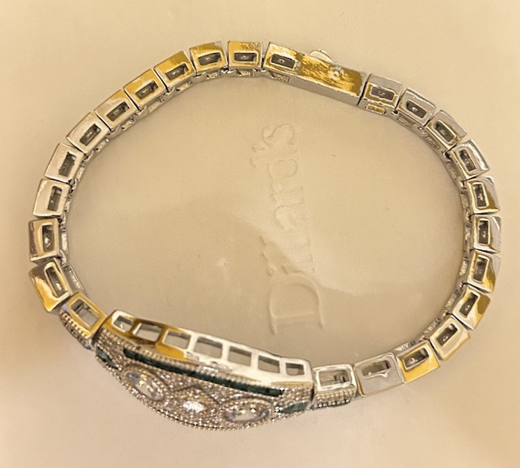 Silver Tone Emerald Green CZ And Diamond CZ Art Deco Inspired Bracelet NWT