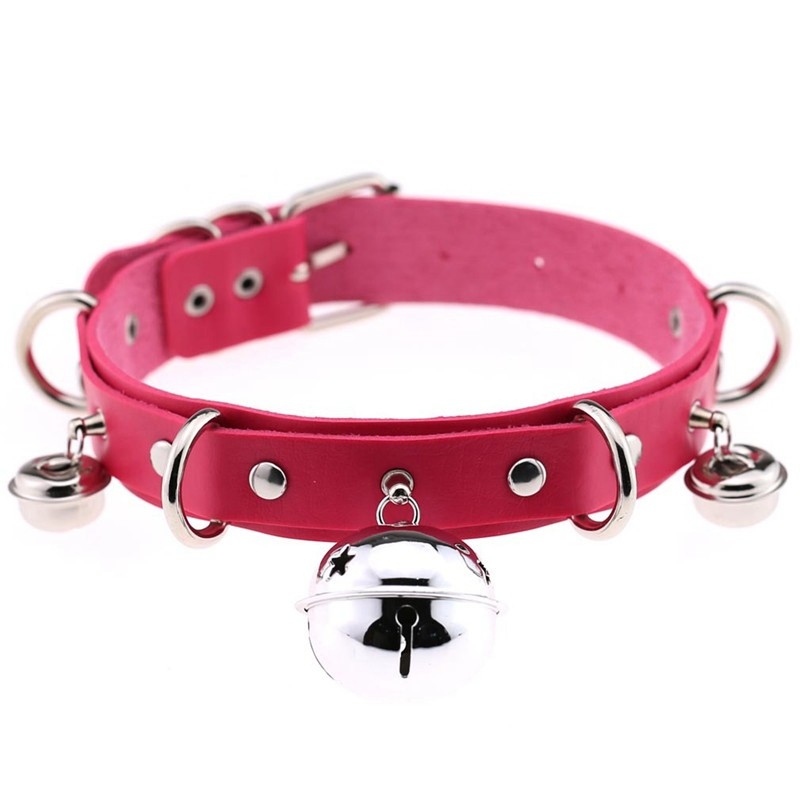 Womens Necklace Bondage Punk Gothic Choker Bell Collar Chain PU Leather