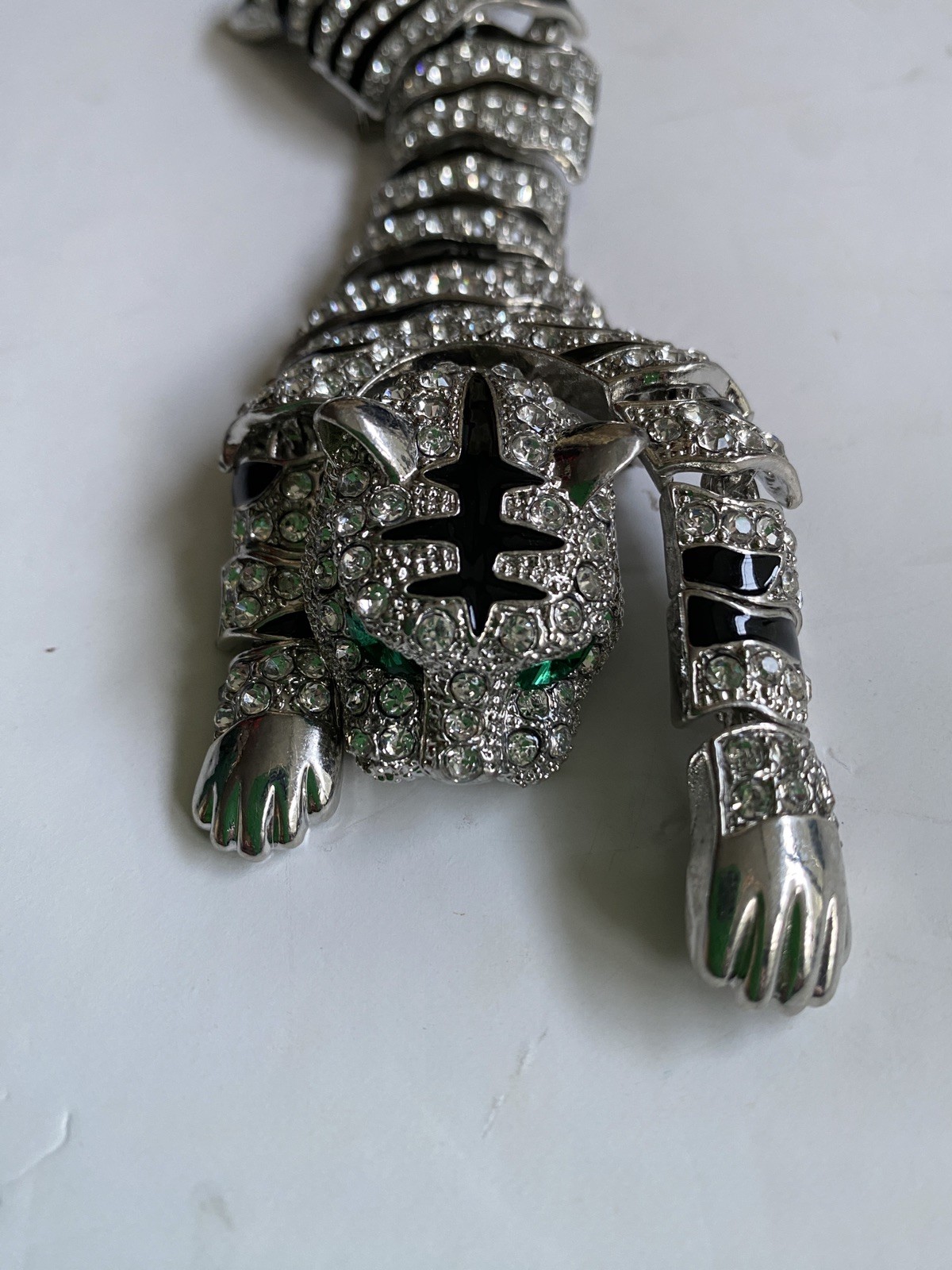 Movable Articulated Silver Tone Crystal Black Enamel Large Tiger Cat Brooch NEW