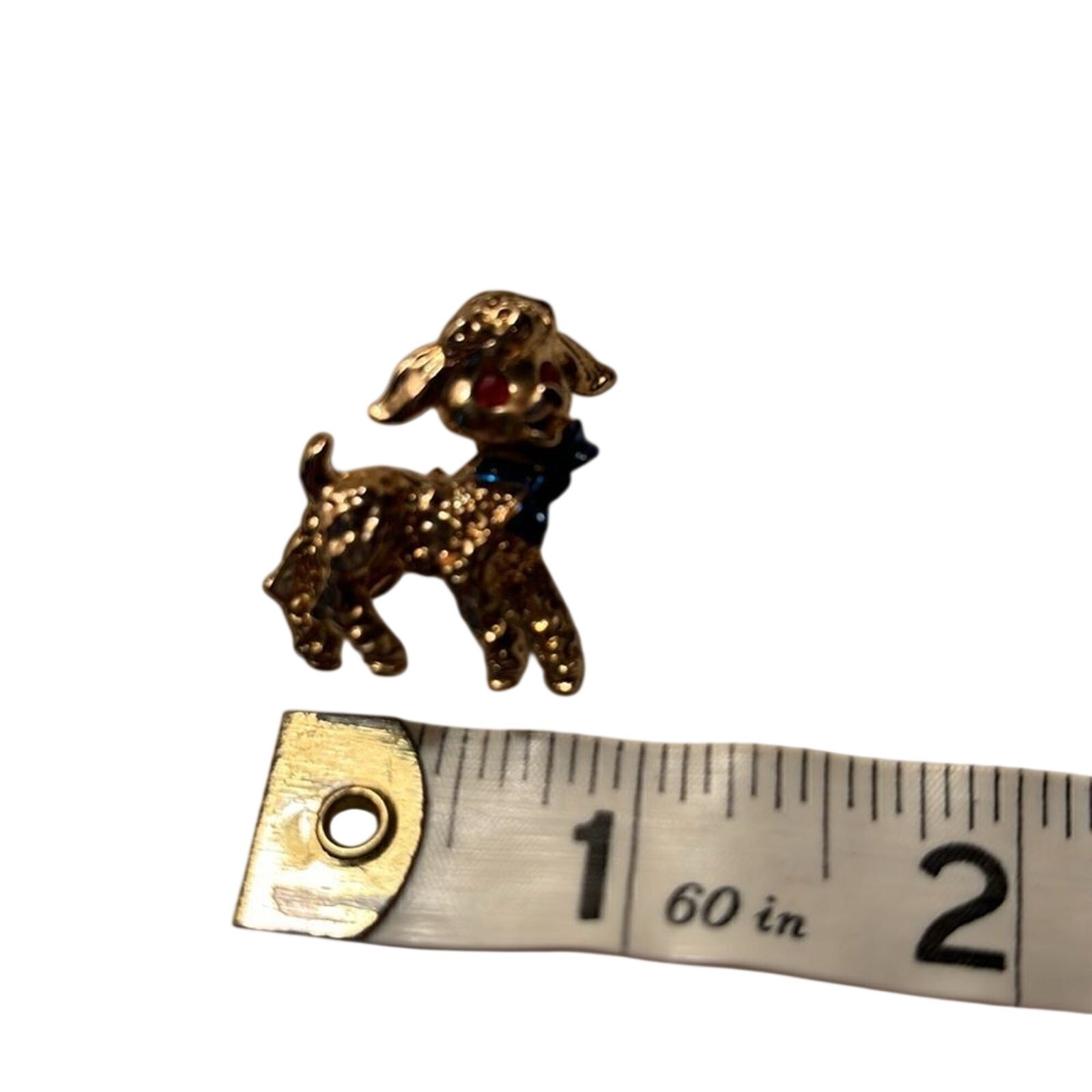 Vintage Taiwan Gold Tone Lamb Brooch Red Rhinestone Eyes Blue Bow