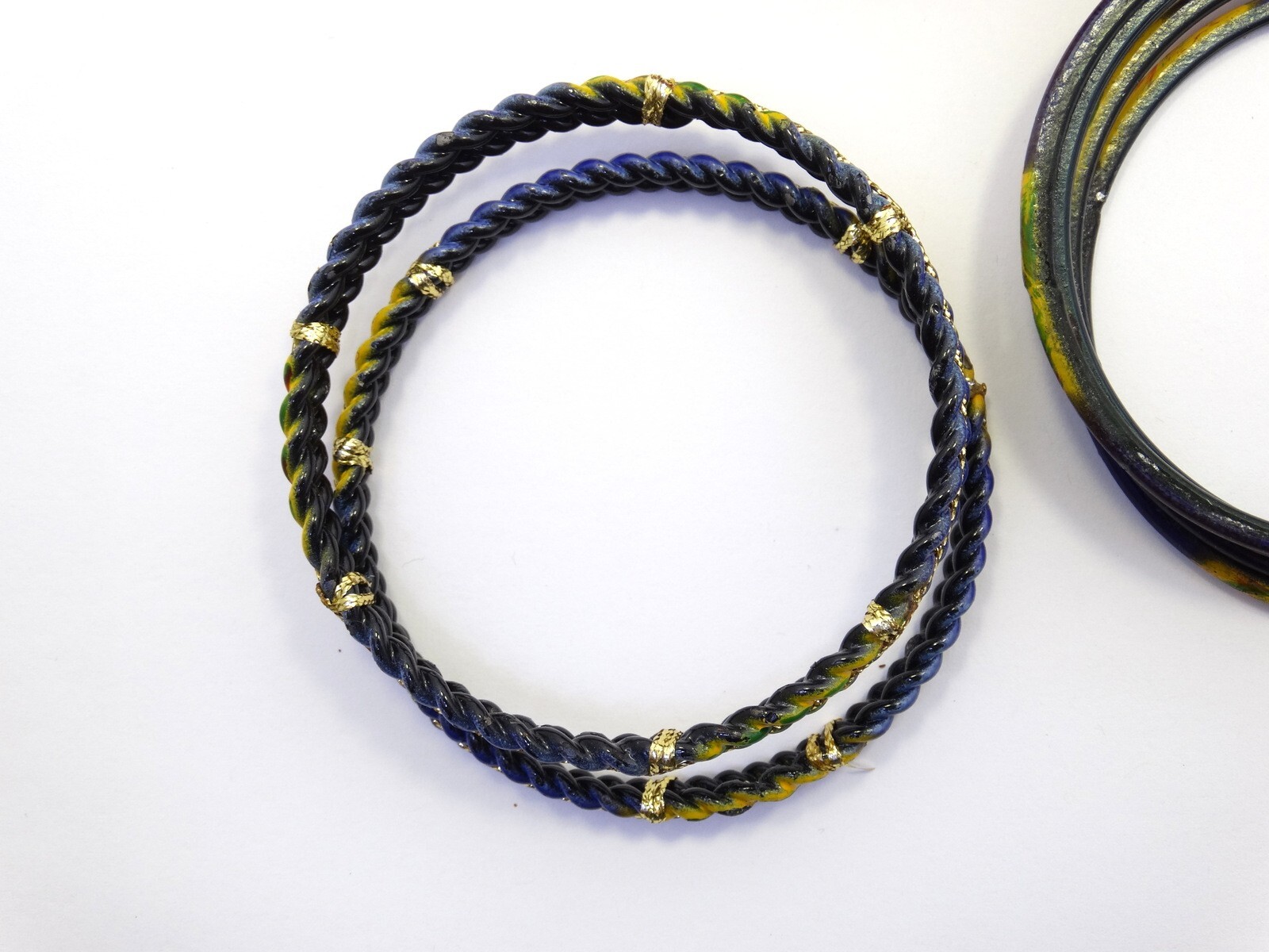 Vintage Old Indian Ceramic/Blue Enamel SATYAM Jewellers India 6pc Bangle Set