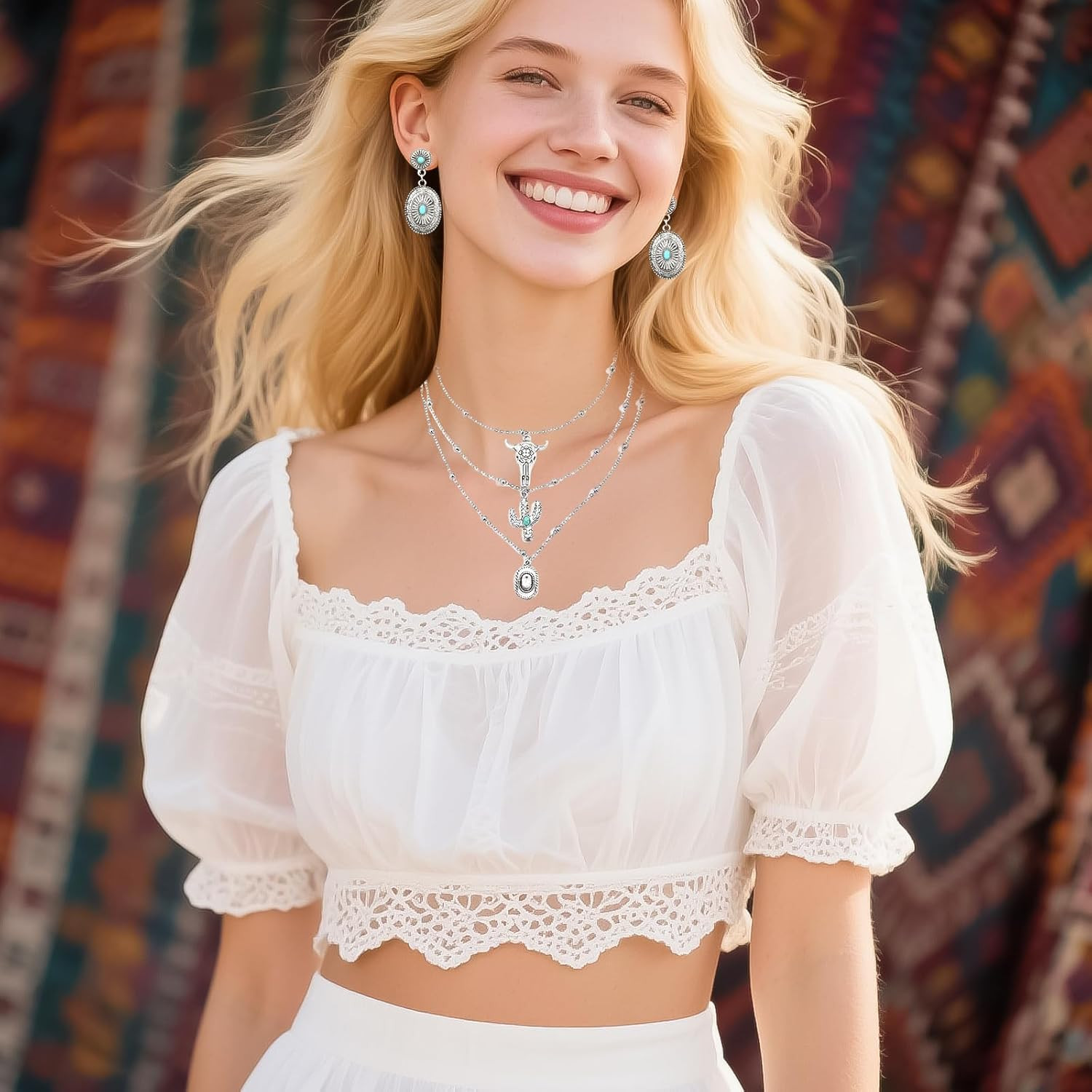 3PCS Western Jewelry for Women Bohemian Set,Boho Vintage Layered Necklace Dangle