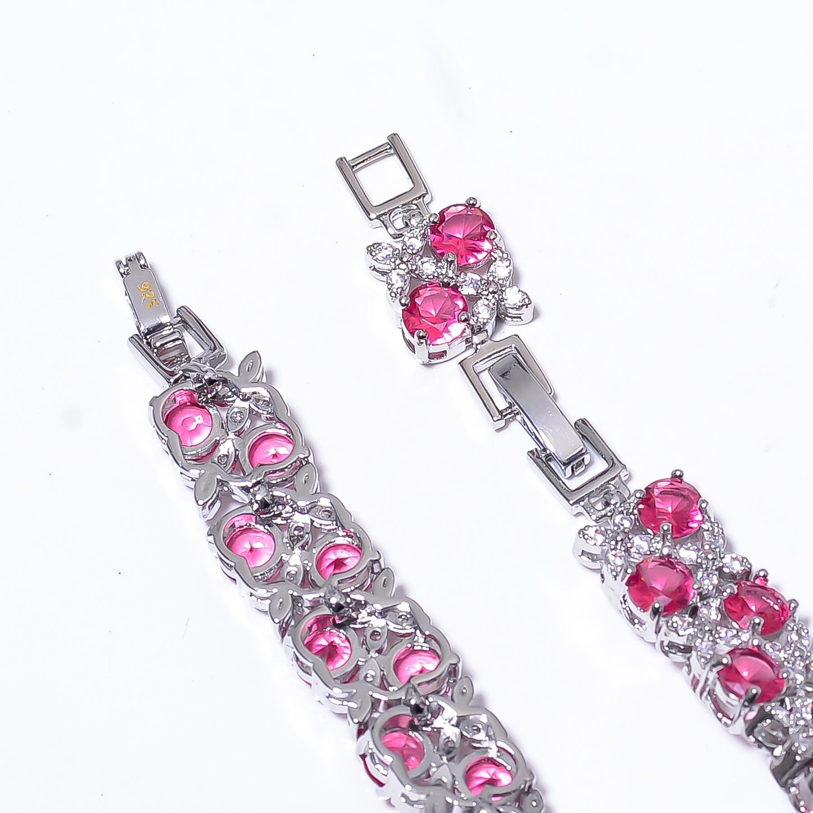 Pink Rubellite Tourmaline & CZ 925 Sterling Silver Tennis Bracelet 7.99″ B145