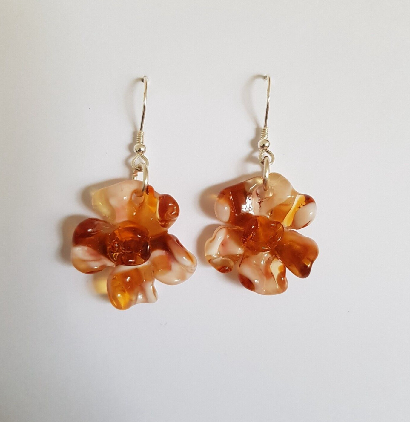 Dangle Drops Earrings Flowers Tea Brown Colors Murano Glass 925 Silver Hooks