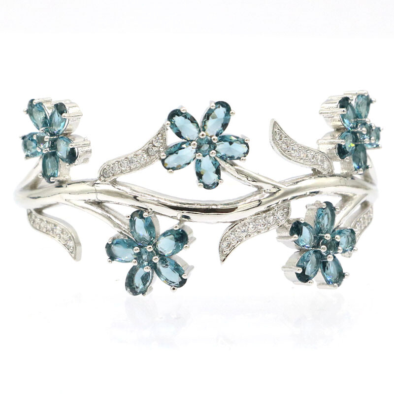 60x30mm Anniversary Flowers 20g London Blue Topaz CZ Bangle Silver Bracelet 7.5″
