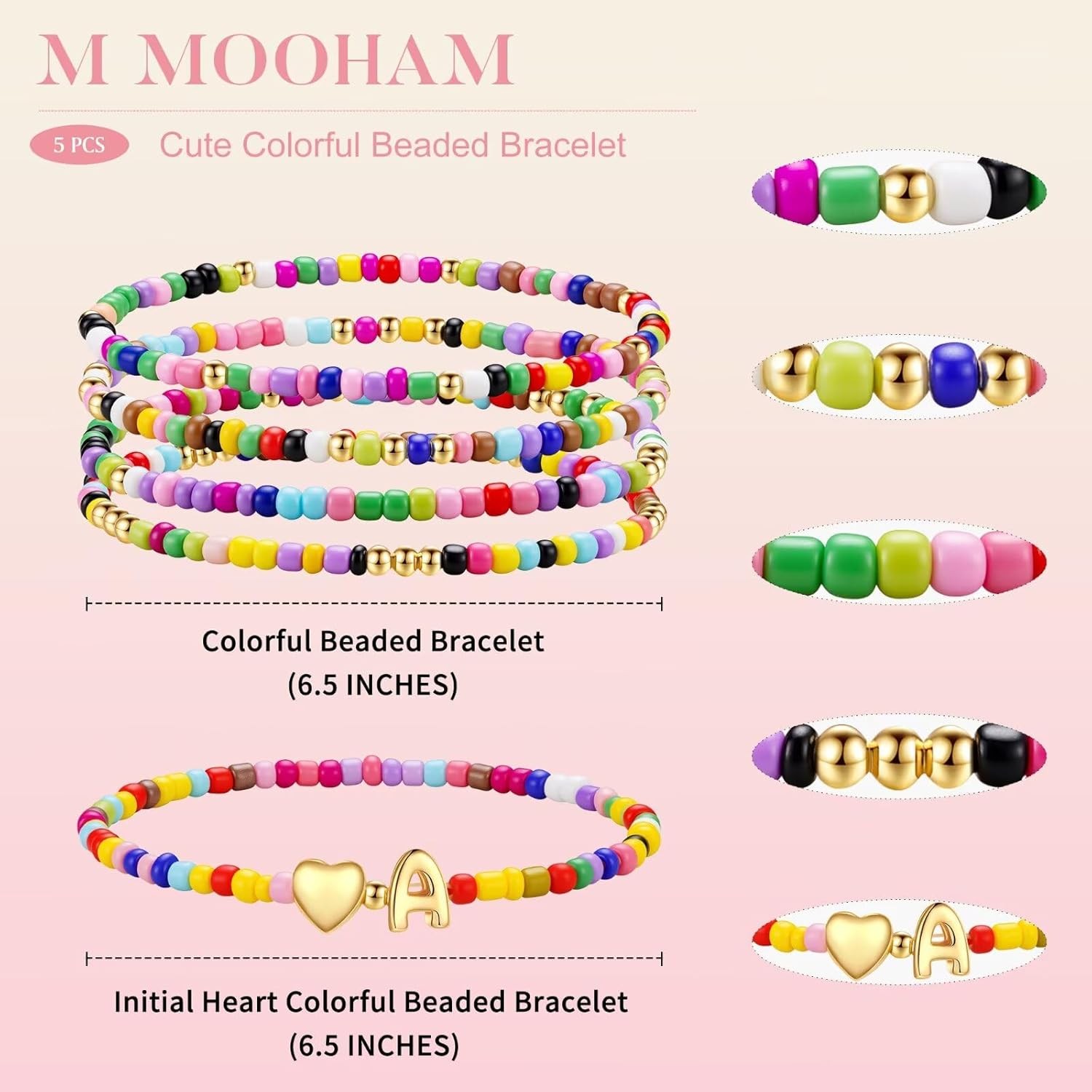 M MOOHAM 5PCS Colorful Beaded Initial Bracelets for Girls Women – Cute…
