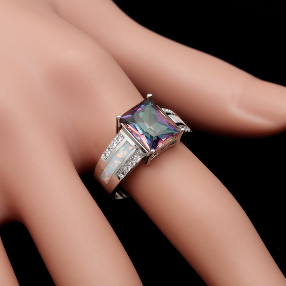 8×10 Rectangle Mystic Topaz White Fire Opal Silver Jewelry Women Ring SZ 7 8 9