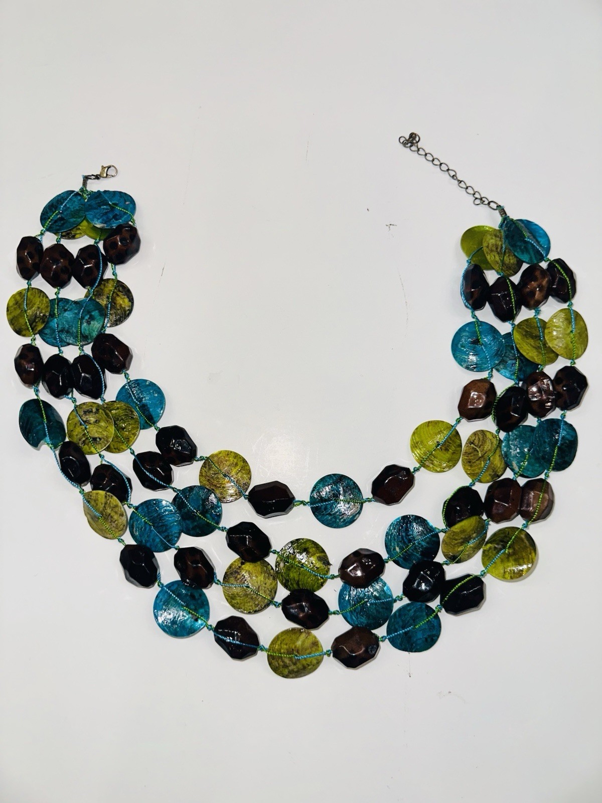 Vtg Mother Of Pearl Green/Blue W/Brown Stone Multi Layer Strands Necklace 20”
