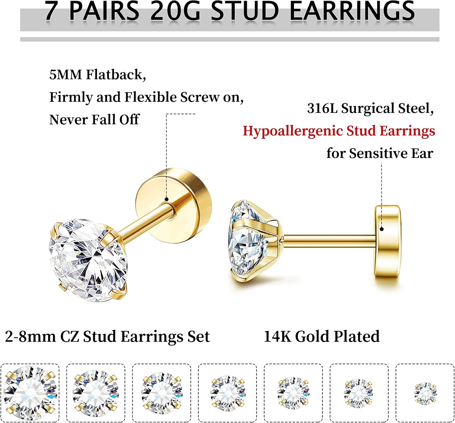 20G Hypoallergenic Flat Back Earrings for Women Men Silver 14K Gold Stainless St