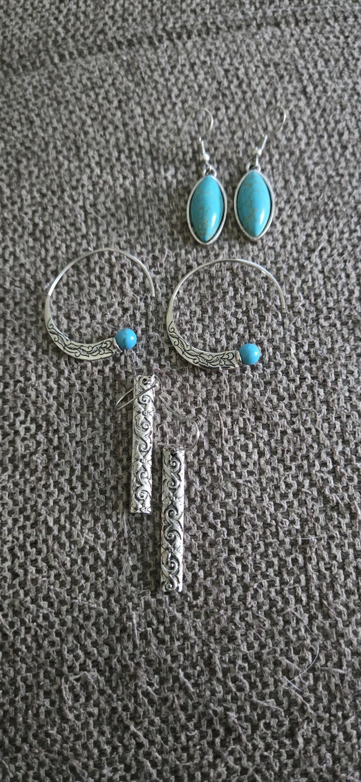 Lot 3 Pairs Silver Tone Blue Oval Stone Hoop & Dangle/Drop Hook Earrings