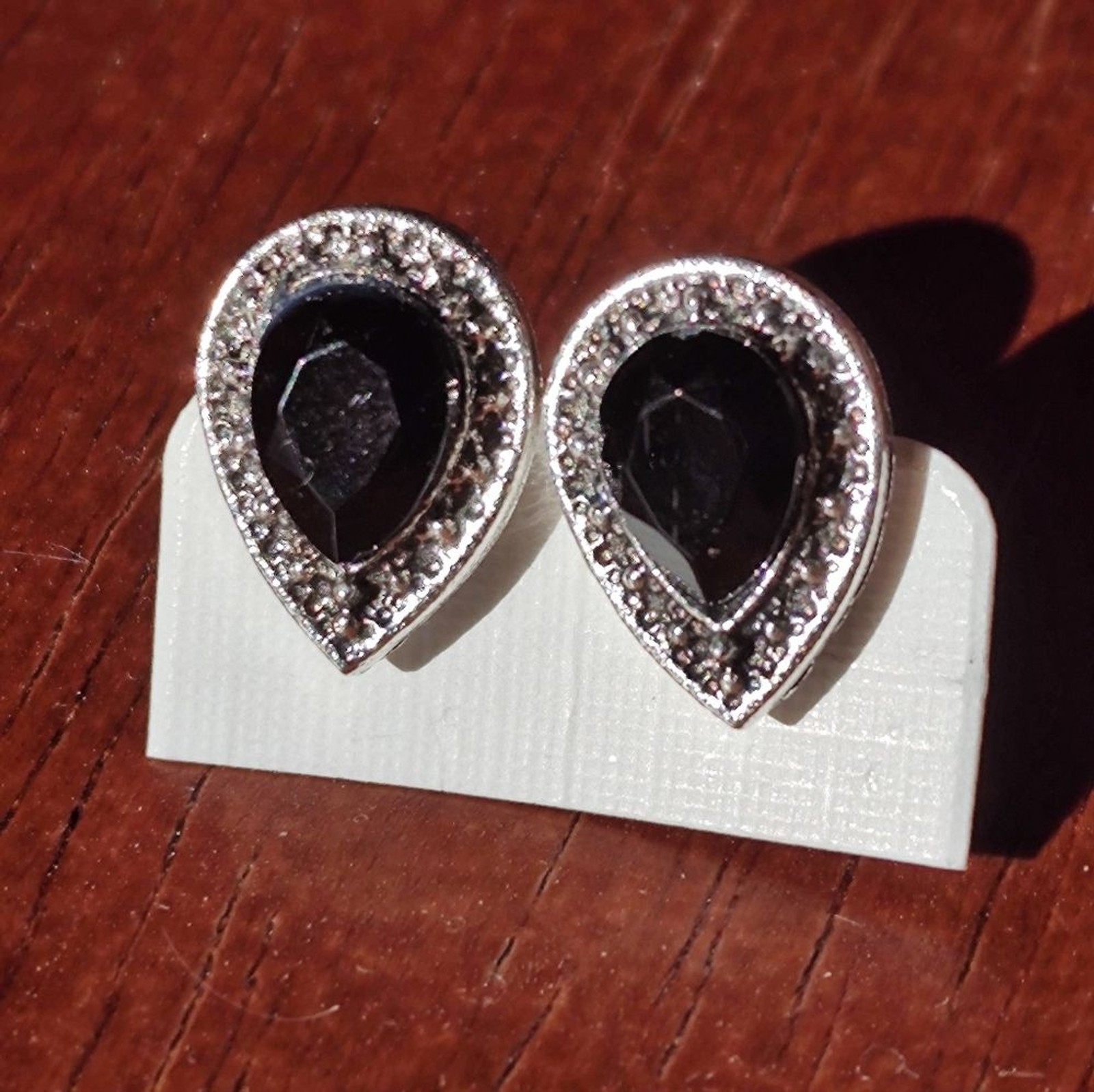 Black Pear Tear Halo Stud Earrings Silver Tone CZ Rhinestone Teardrop NWT