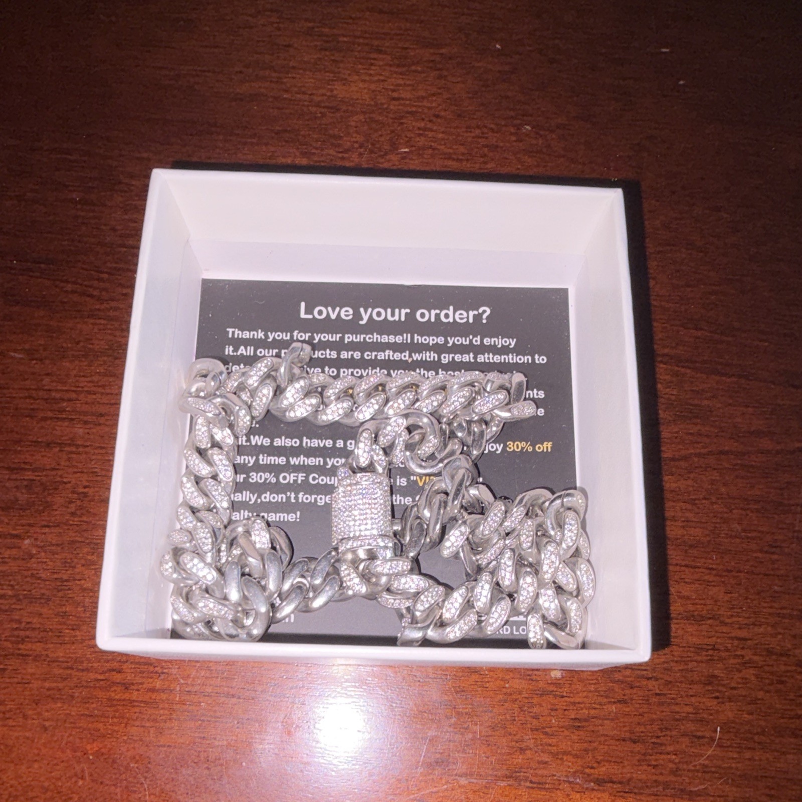 GUU Jewelry Silver Tone Cuban Link Chain Necklace Crystal Pavé Box Clasp
